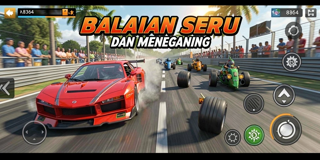 Tampilan gameplay seru dalam balapan 8364 dengan mobil yang beraksi di trek menantang.