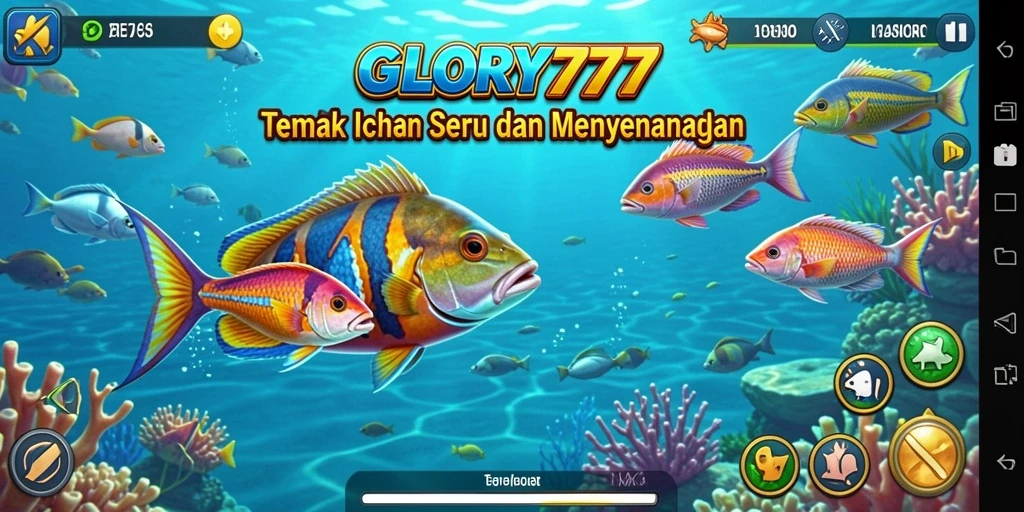Tampilan gameplay GLORY777 dengan berbagai jenis ikan dan senjata.