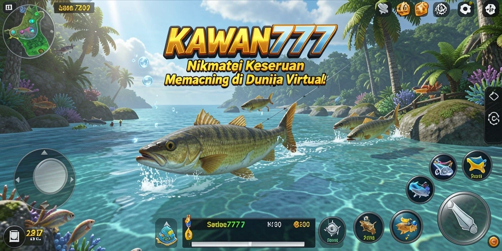 Screenshot KAWAN777 menampilkan aksi seru memancing di laut yang indah.