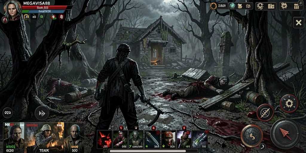 Screenshot gameplay MEGAVISA88 menunjukkan suasana horor yang mencekam.