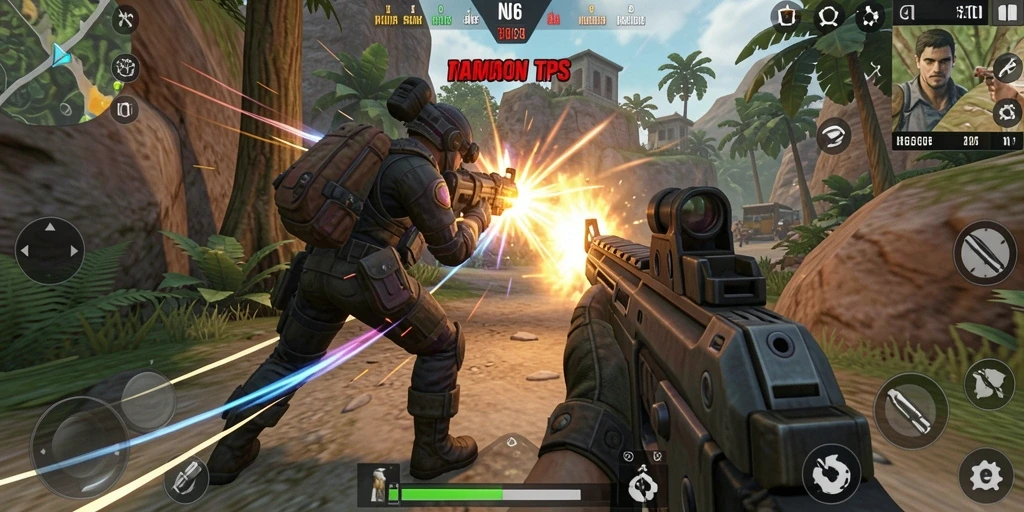 Tampilan gameplay N06 dengan aksi TPS yang intens.