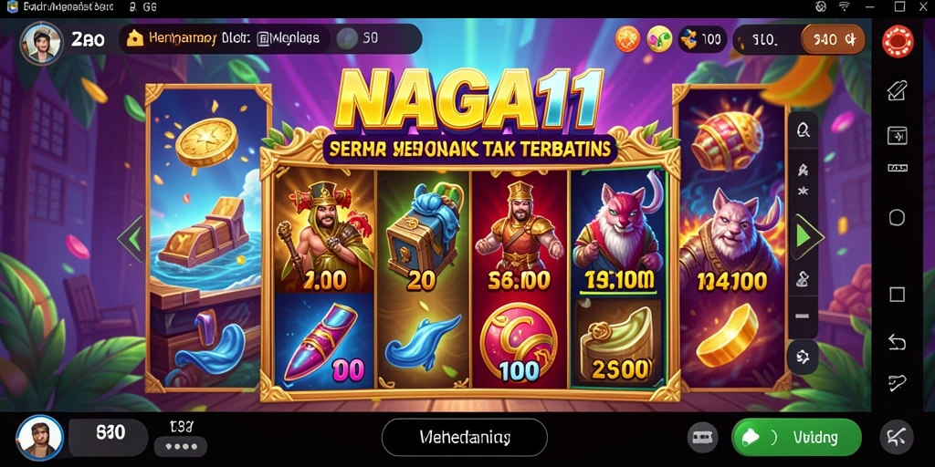 Screenshot gameplay NAGA11 menampilkan gulungan yang berputar penuh warna.