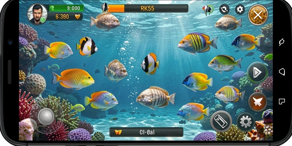 Gameplay seru RK55 dengan berbagai ikan untuk ditembak.