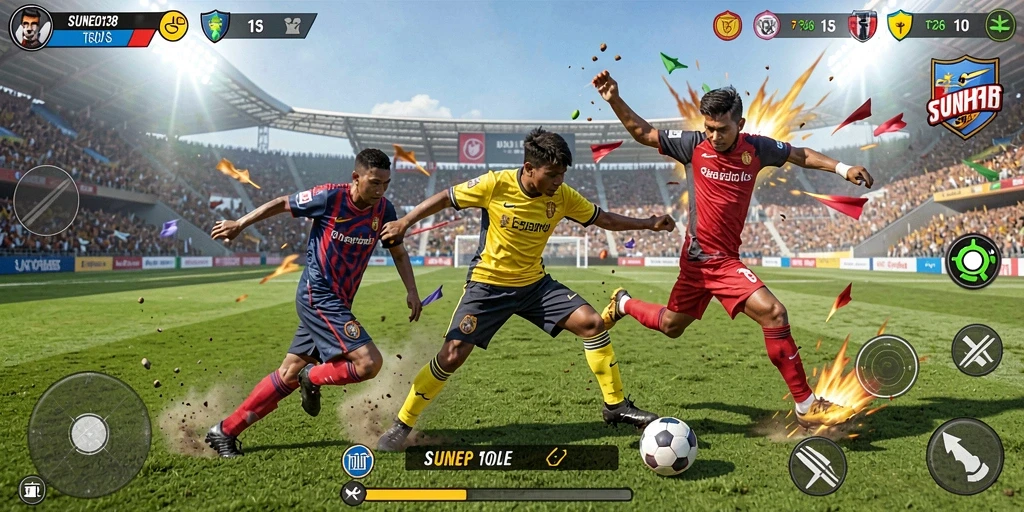 Screenshot menunjukkan aksi intens dari permainan sepak bola SUNEO138.