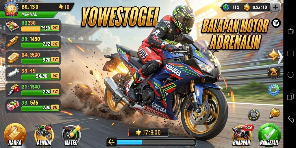 Screenshot YOWESTOGEL menampilkan aksi balapan motor yang intens dan mendebarkan.